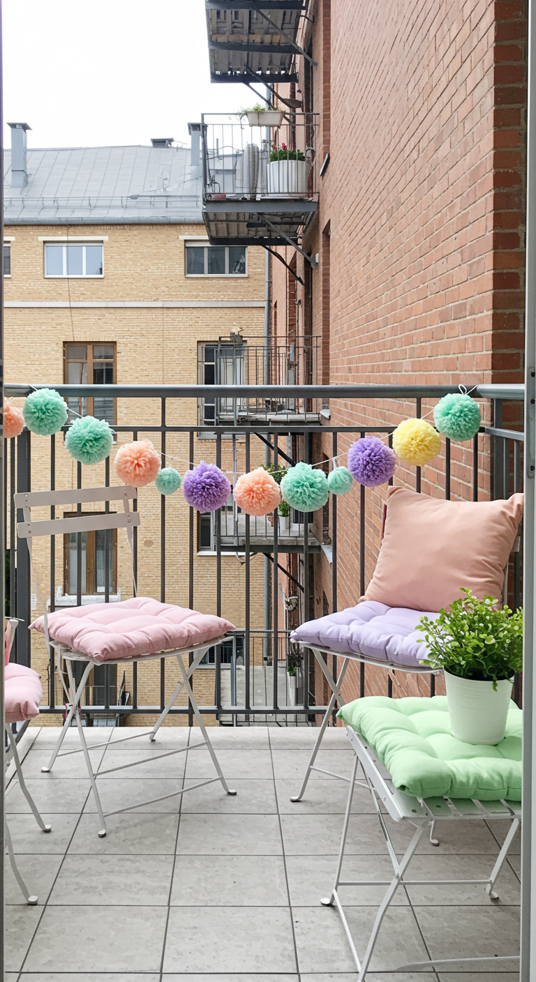 Klappstühle mit bunten Pastellkissen und Pompom-Girlande auf kleinem Balkon.