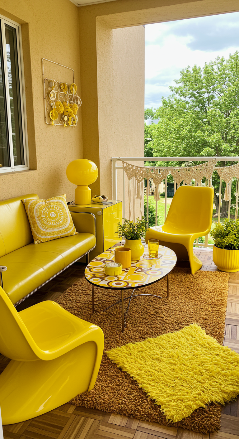 Balkon im Retro-Stil mit gelben Kunststoffmöbeln und Teppich.