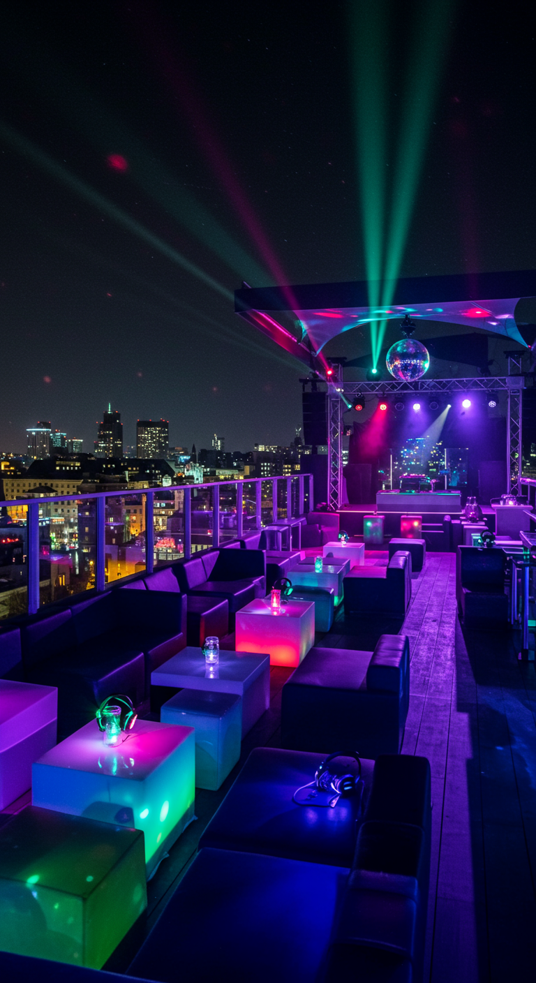 Dachterrasse als Club mit DJ-Pult, Discokugel, Laserlichtern und Lounge-Möbeln bei Nacht.