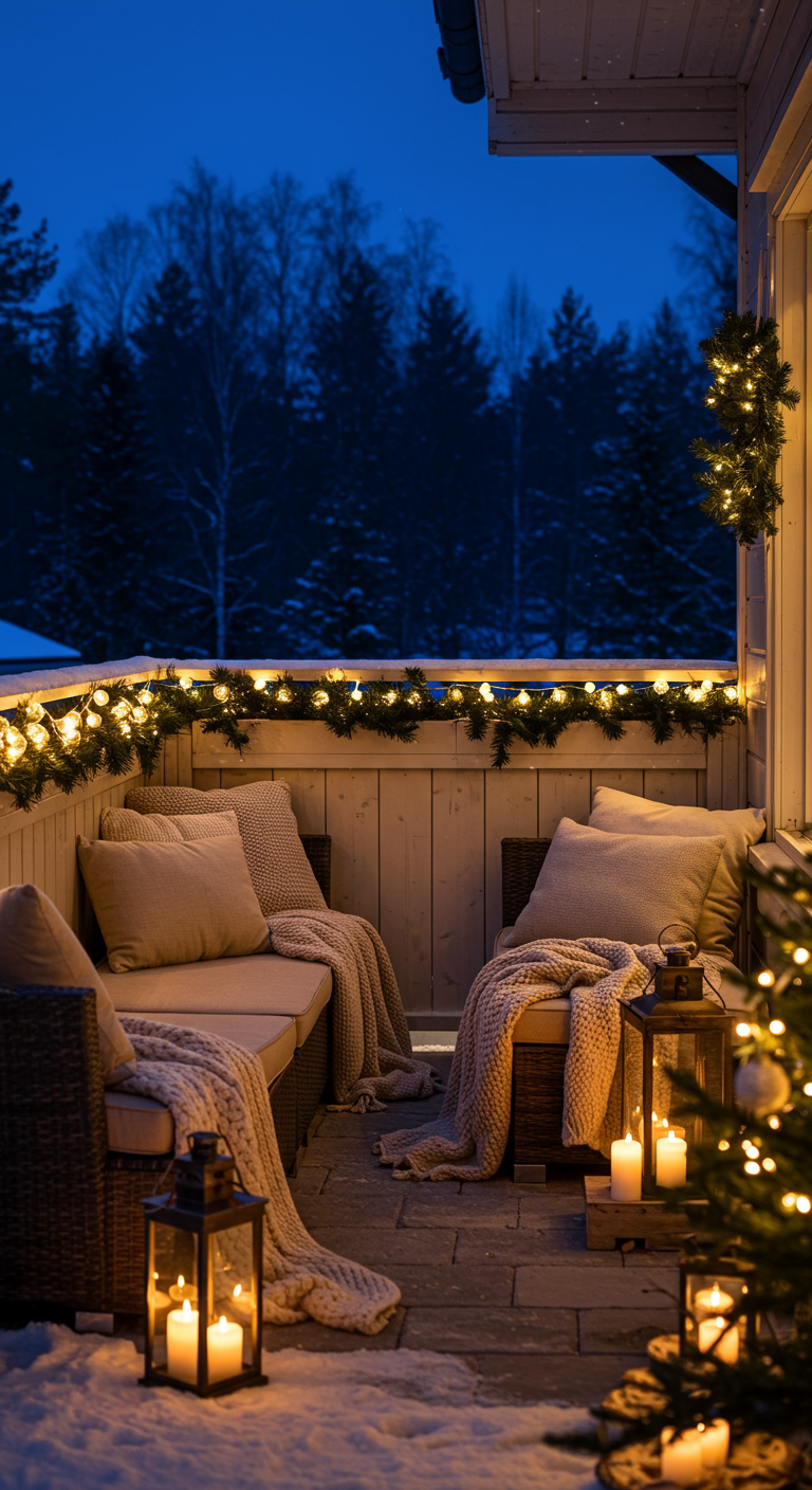 Ruhig dekorierter Balkon mit sanften Lichterketten, neutralen Textilien und Kerzen im Schnee.