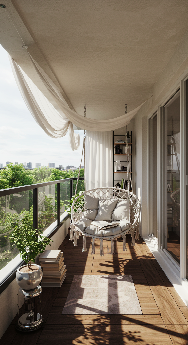 Moderner Balkon mit Makramee-Hängesessel, hellen Stoffen als Sonnenschutz und Holzboden.