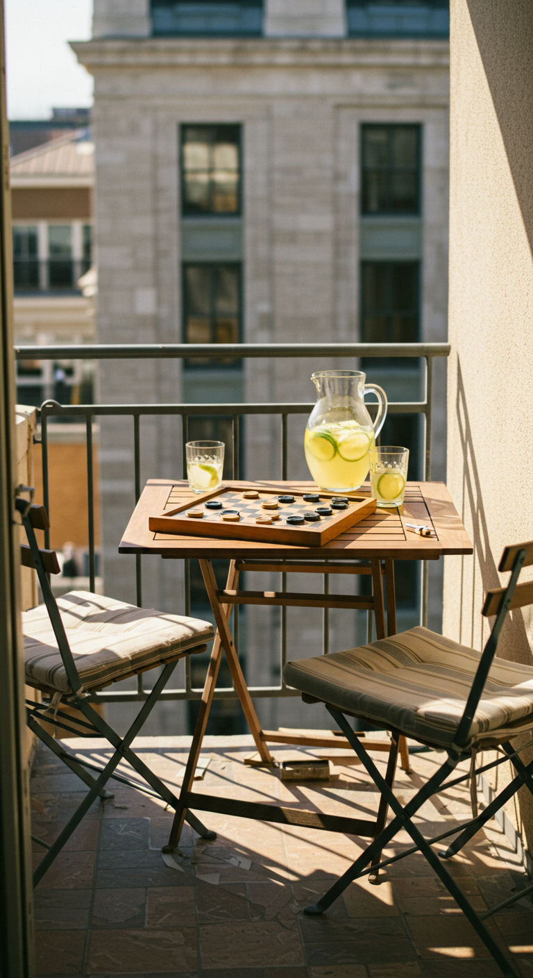 Holztisch mit Damebrett und Limonade, zwei Klappstühle auf sonnigem Balkon.