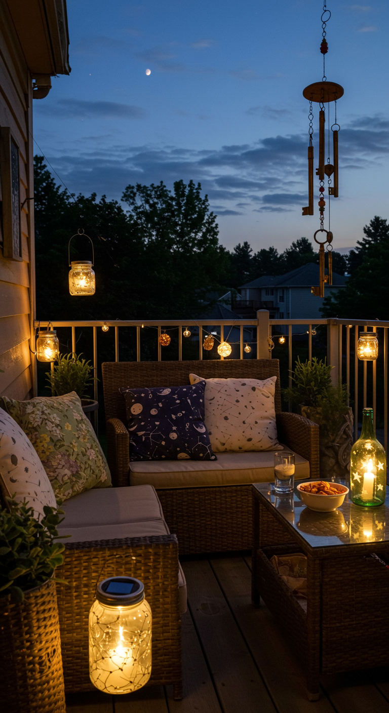 Balkon bei Dämmerung mit Rattanmöbeln, Solarlaternen in Einmachgläsern und einem Windspiel.
