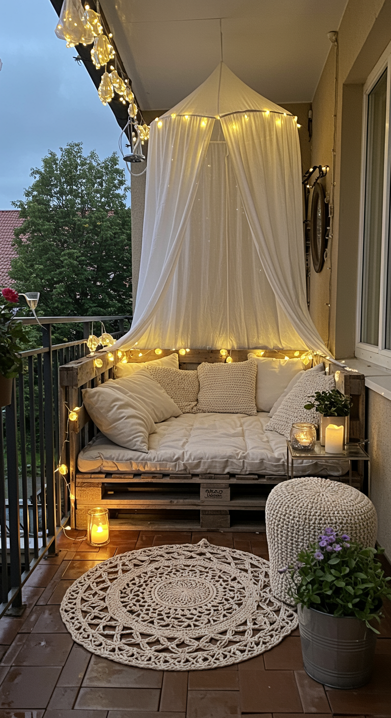 Palettenbett mit weißem Betthimmel und Lichterketten auf einem Balkon, gemütlich mit Kissen dekoriert.