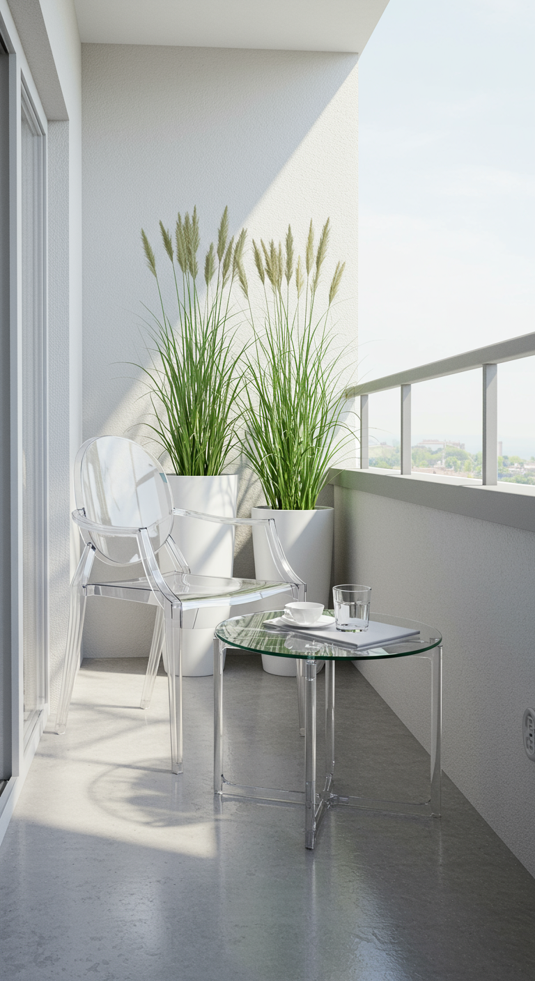 Moderner Balkon mit transparentem Stuhl, Glastisch und hohen Gräsern.