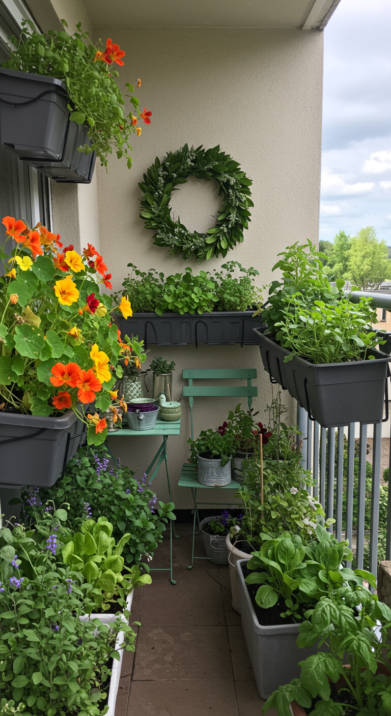 Schmaler Balkon mit vertikalen Pflanzkästen, Essbarem und Lorbeerkranz.