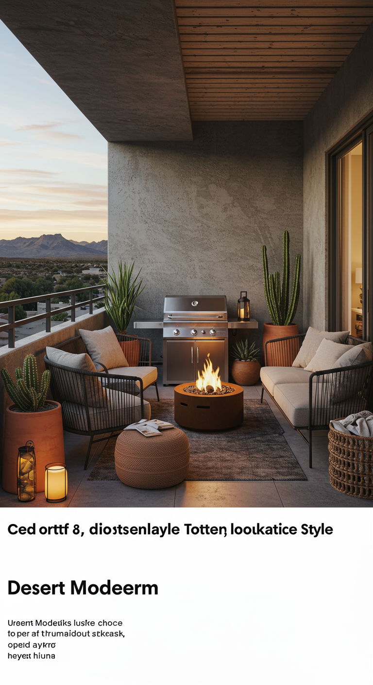 Balkon im Wüstenstil mit Grill, Feuerstelle, Kakteen und Loungemöbeln.