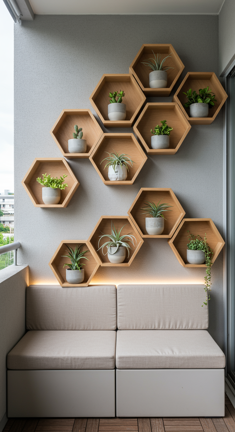 Sechseckige Holzregale in Wabenform an der Wand mit kleinen Sukkulenten und Pflanzen.