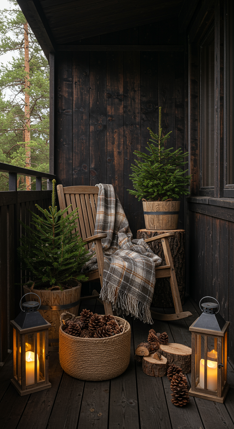 Rustikaler Balkon mit dunklem Holzschaukelstuhl, Karodecke und Tannenzapfen.
