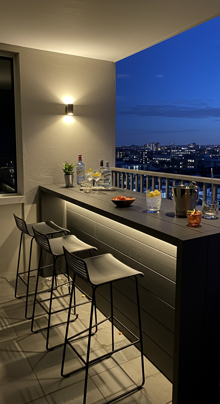 Balkon mit Bartresen, Hockern und indirekter Beleuchtung bei Nacht.