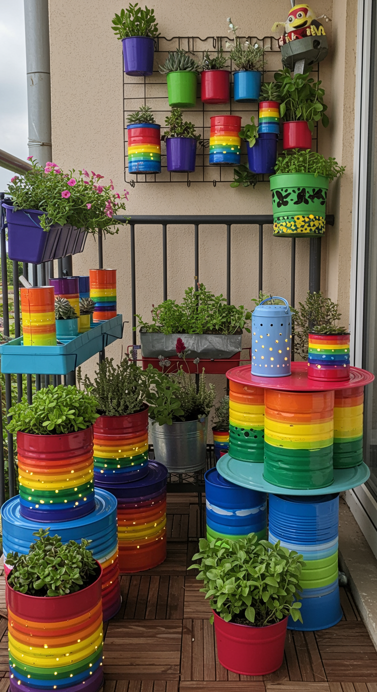 Viele bunt bemalte Konservendosen, genutzt als Pflanzgefäße und Windlichter auf einem Holzbalkon.