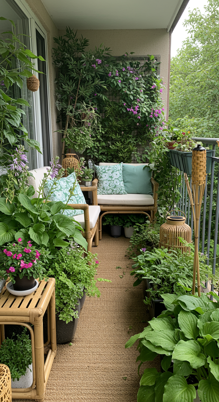 Üppig grüner Balkon mit Bambusmöbeln, vielen Blattschmuckpflanzen und Kletterpflanzen.