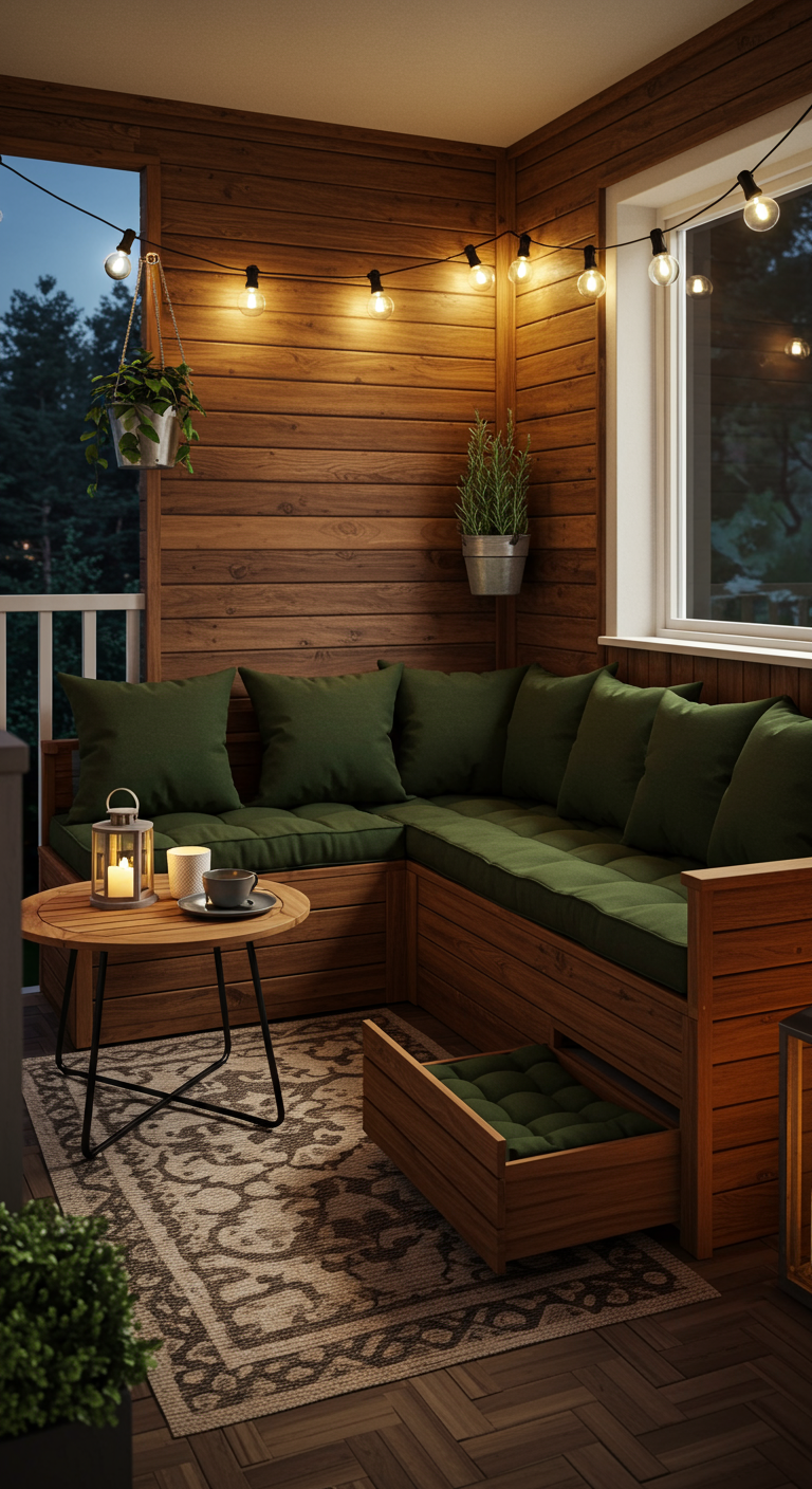 Gemütliche Holzeckbank auf einem Balkon mit aufklappbaren Sitzen für Stauraum.