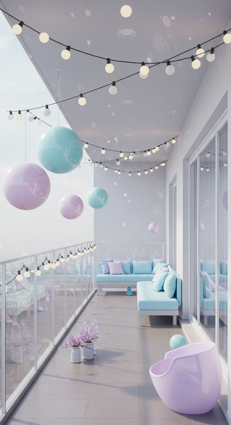 Moderner Balkon mit hellblauen Sofas und pastellfarbenen Leuchtkugeln im Winter.