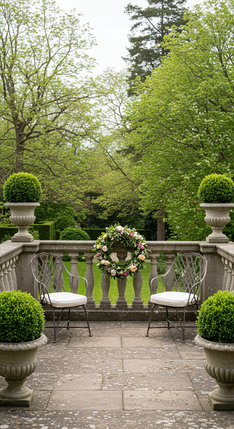Steinterrasse mit Metallstühlen, Buchsbäumen und Blumenkranz an Balustrade.