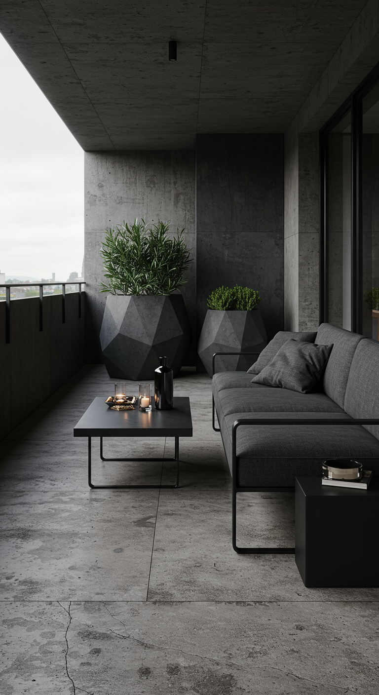 Moderner Balkon mit großen, geometrischen Beton-Pflanzkübeln und dunklen Loungemöbeln.