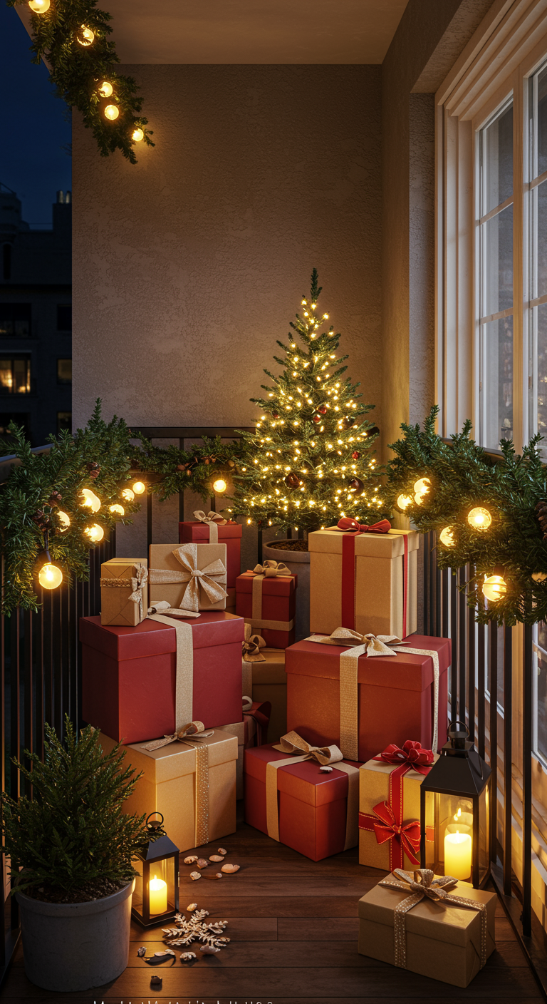 Balkon mit einem Weihnachtsbaum und vielen stilvoll verpackten Geschenken als Dekoration.