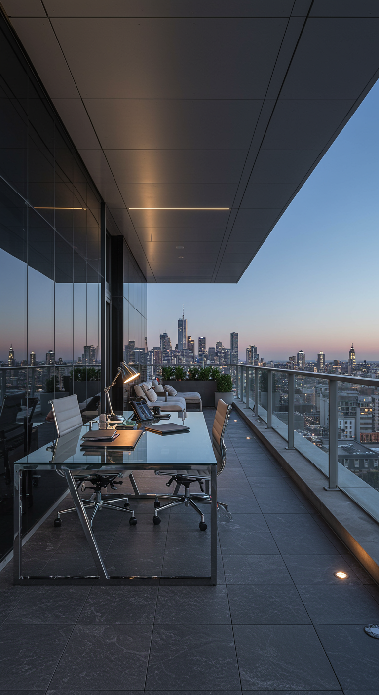 Luxuriöser Dachterrassen-Arbeitsplatz mit Glas-Schreibtisch und Skyline-Blick bei Nacht.