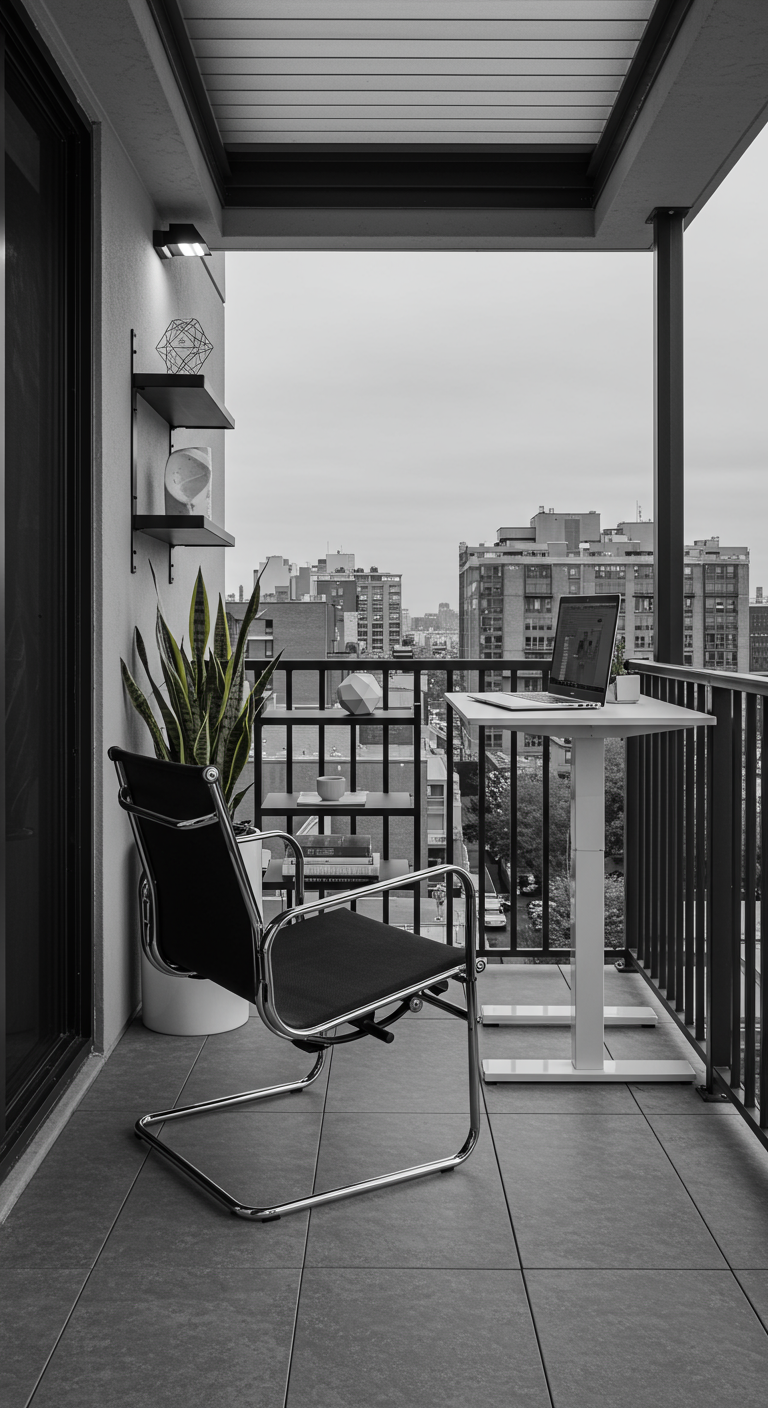 Balkon-Homeoffice mit weißem Schreibtisch, schwarzem Designerstuhl und Blick auf die Stadt.
