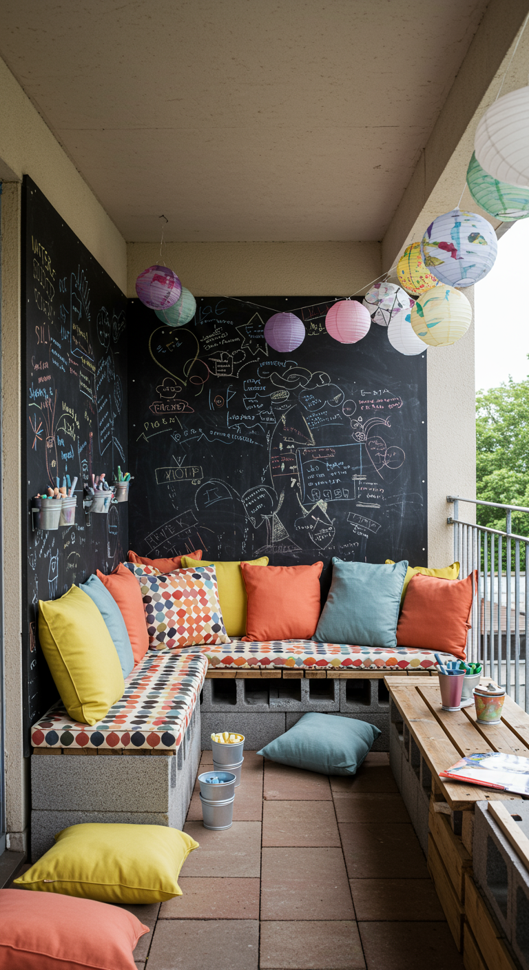 Balkon mit großer Tafelfwand, bunten Kissen auf Betonstein-Bank und Papierlampions.