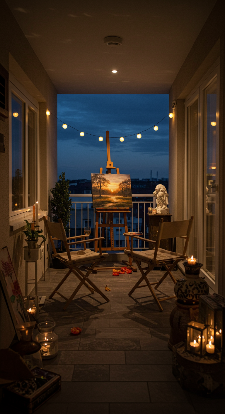 Schmaler Balkon mit Staffelei, zwei Stühlen und Kerzenlicht bei Nacht.