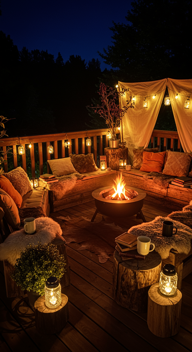 Balkon bei Nacht mit Feuerschale, Holzbänken, Decken, Fellen und einem Stoffzelt.