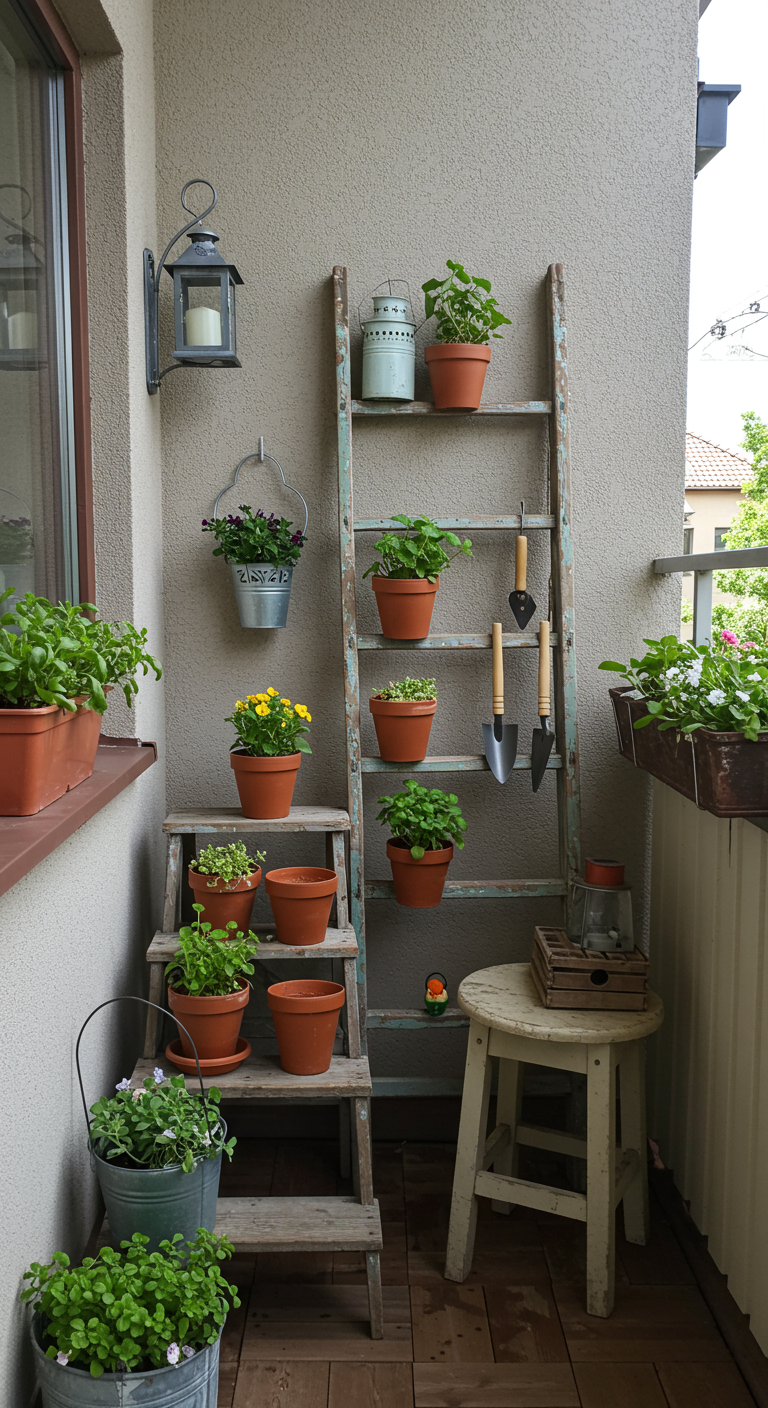 Alte Holzleiter und Tritthocker als Etageren für Topfpflanzen auf einem Balkon im Vintage-Stil.