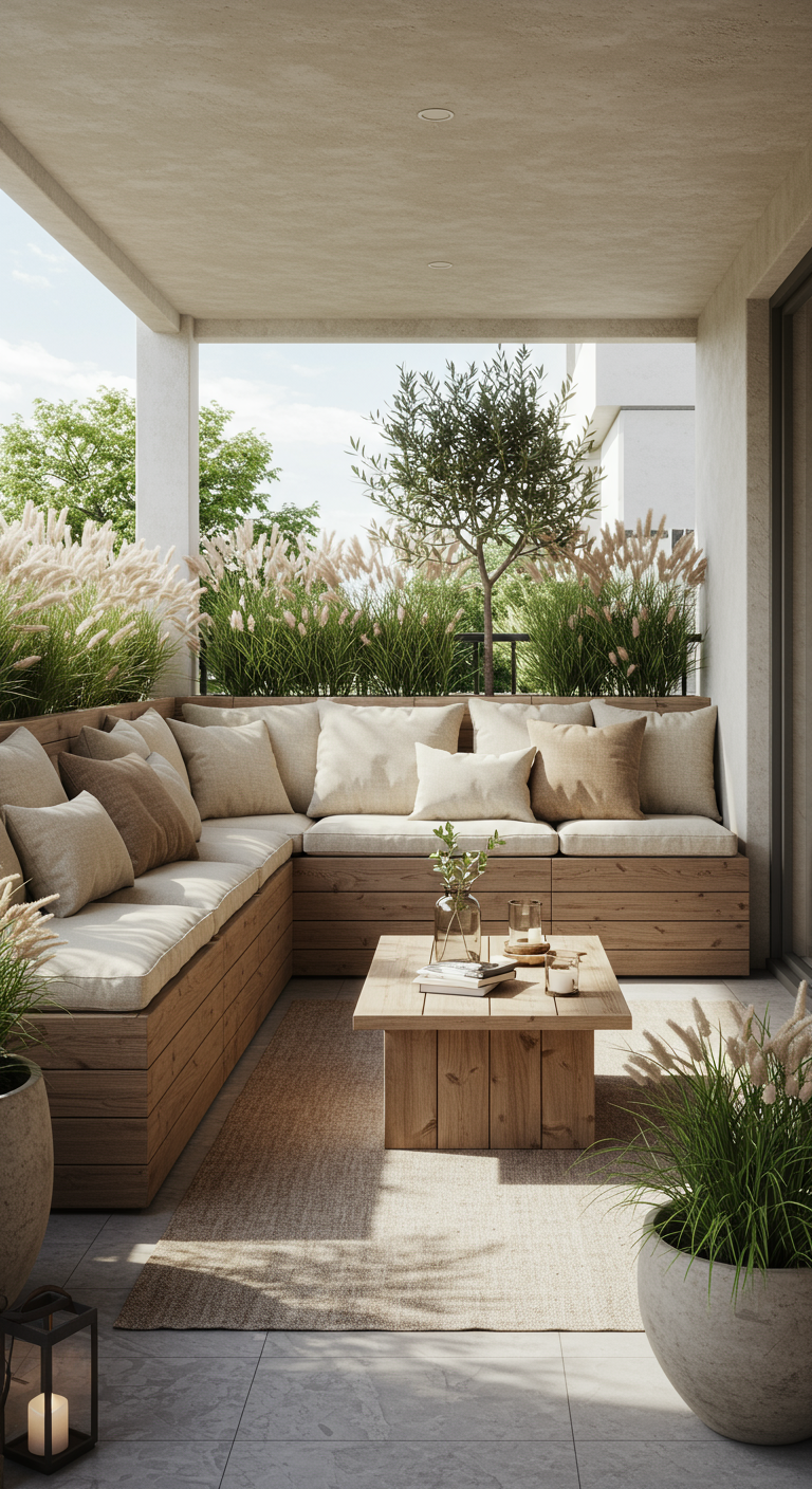 Große Holz-Ecklounge mit hellen Polstern, Gräsern in Töpfen und Teppich auf modernem Balkon.