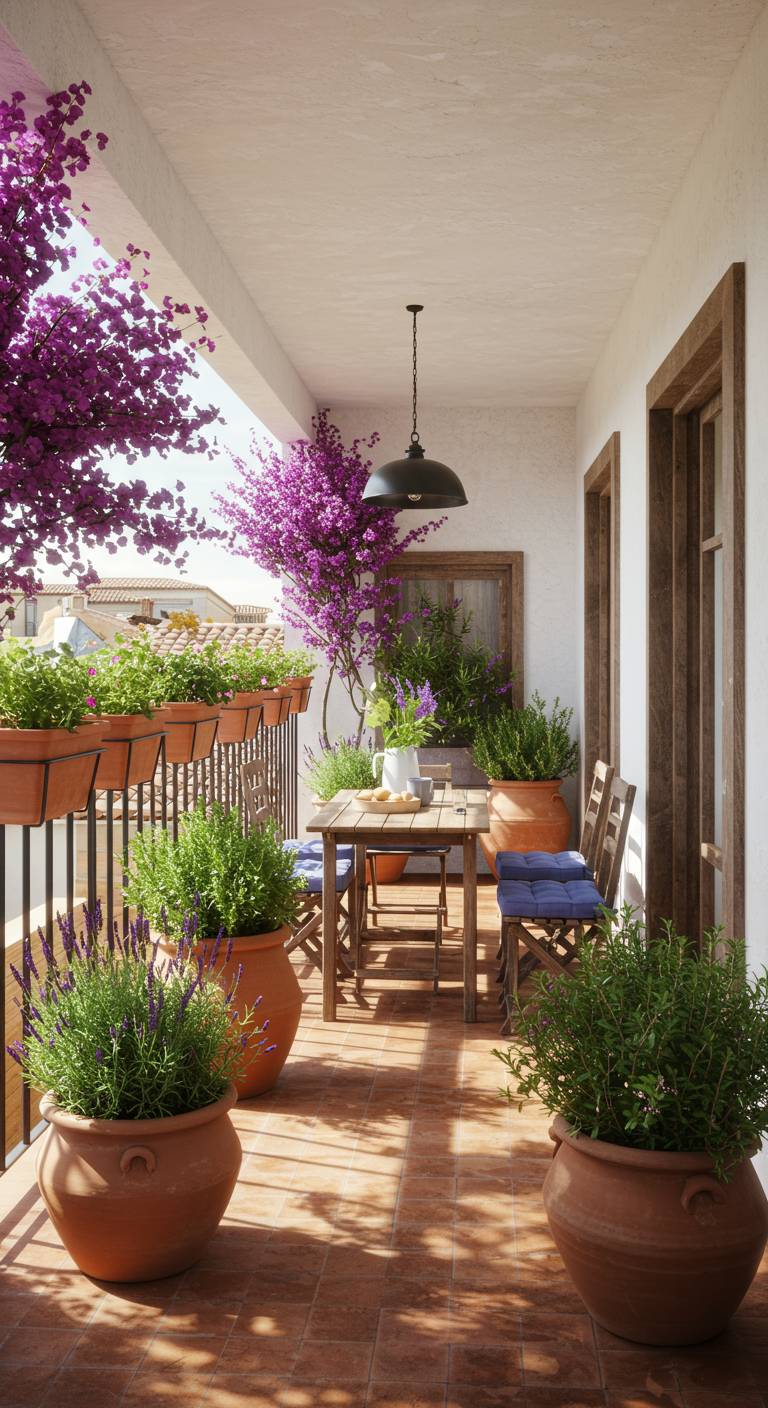 Überdachter Balkon (Loggia) mit Lavendel in Terrakotta, Holztisch und blauen Polstern.
