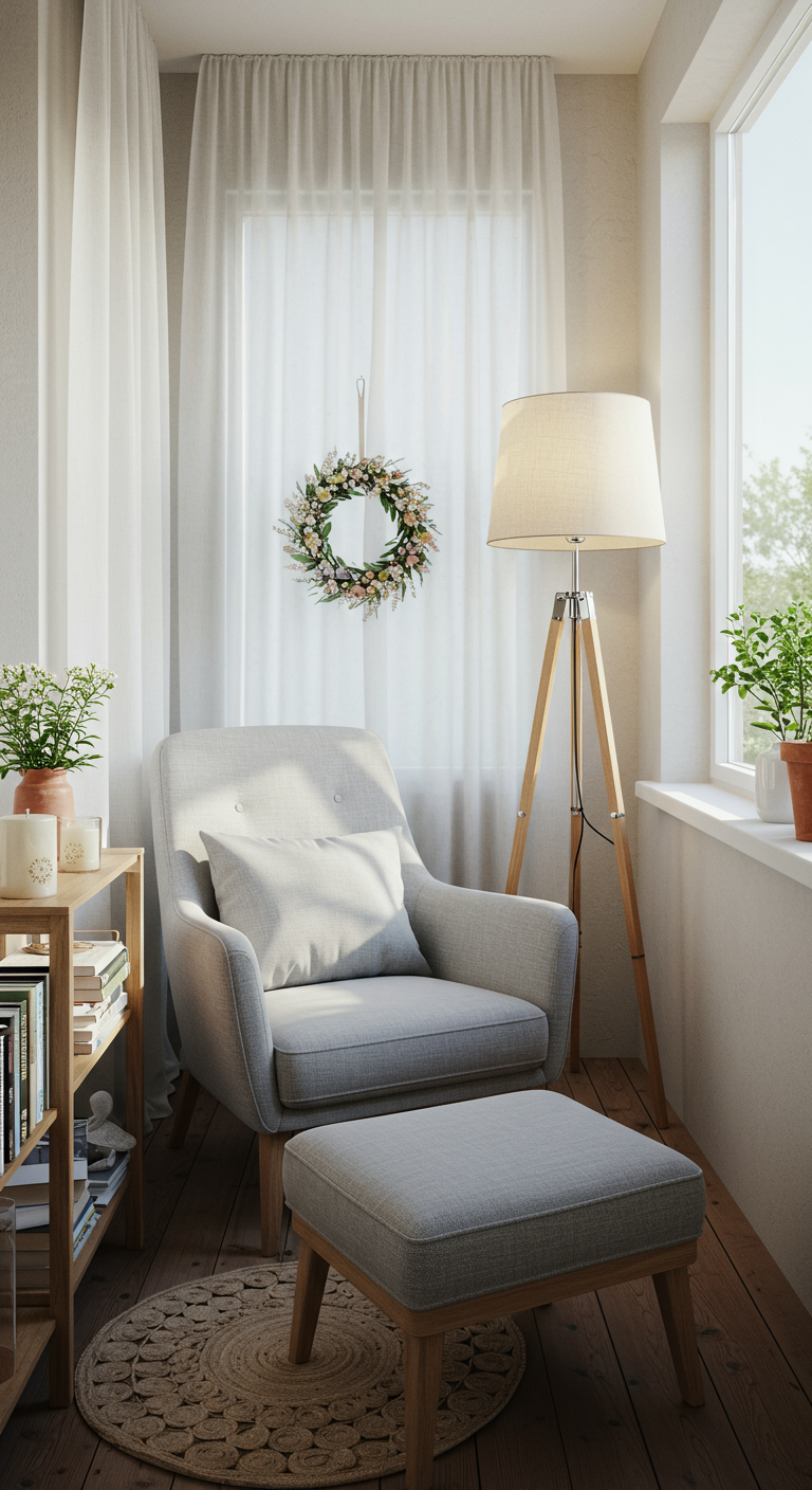 Gemütliche Leseecke am Fenster mit Sessel, Fußhocker und kleinem Midsommar-Kranz.