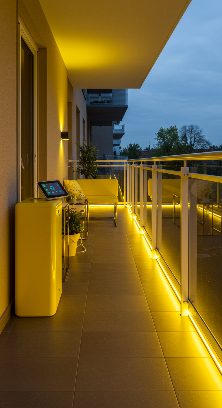 Moderner Balkon bei Dämmerung mit gelber Bank und LED-Lichtakzenten.