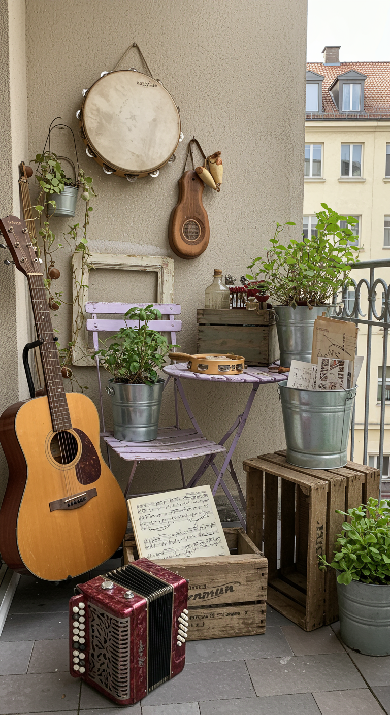 Kreativer Balkon mit Gitarre, Tamburin und Vintage-Fundstücken
