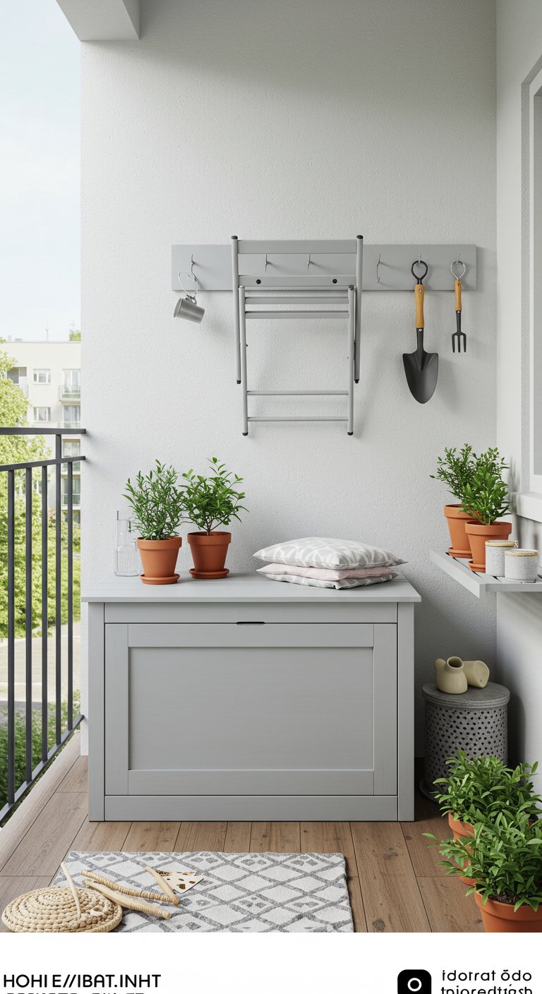 Aufgeräumter Balkon mit grauer Truhenbank, Klappstuhl und Werkzeughalterung an der Wand.