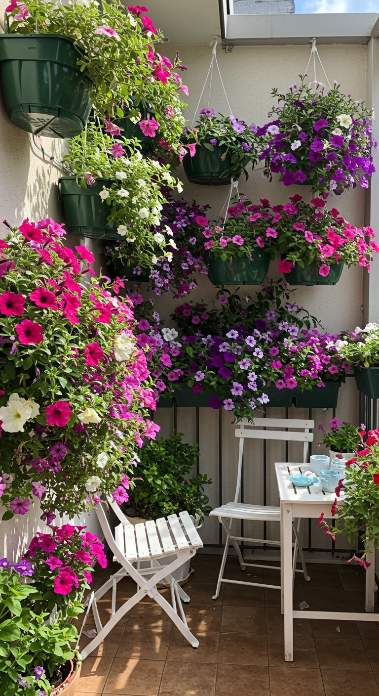 Balkon überflutet mit pinken und lila Petunien in Hängeampeln und Kästen.