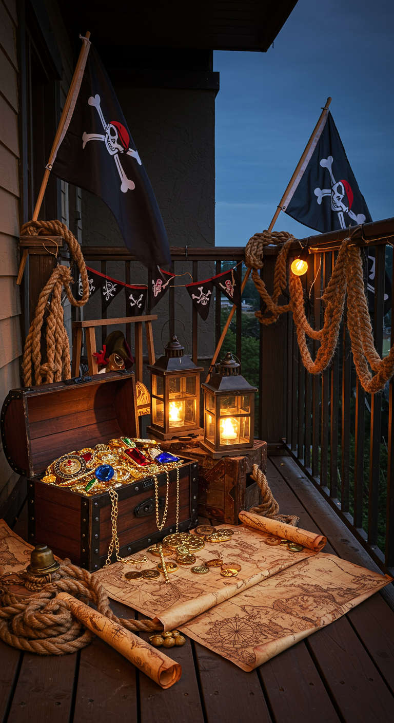 Balkon im Piraten-Stil mit Schatztruhe, Piratenflaggen, Laternen und alten Karten.
