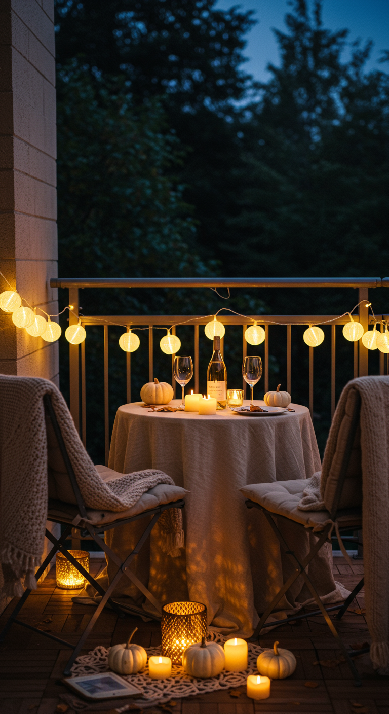 Romantisch gedeckter kleiner Tisch für zwei auf Balkon, mit Wein, Kürbissen und Kerzen.