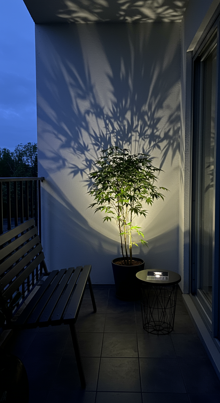 Balkon bei Nacht mit angestrahlter Pflanze, die Schatten an die Wand wirft, Holzbank und Tisch.