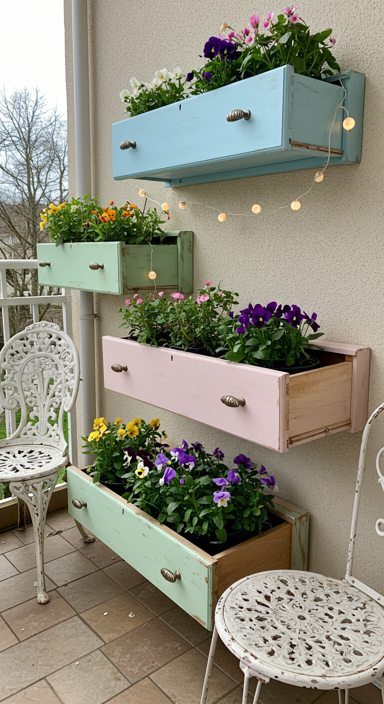 Alte Schubladen in Pastellfarben als Wand-Pflanzkästen mit bunten Stiefmütterchen.
