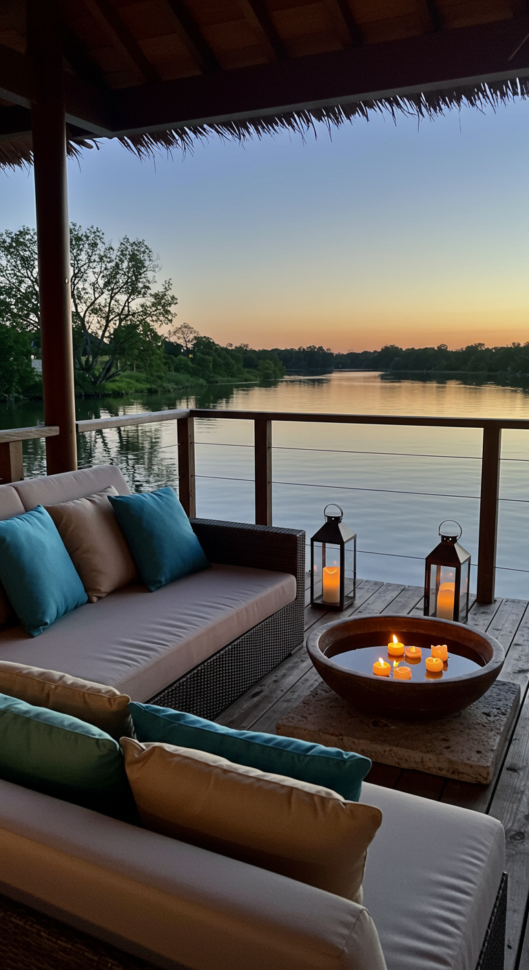 Terrasse am Wasser mit Lounge-Sofa und einer Schale mit Schwimmkerzen.