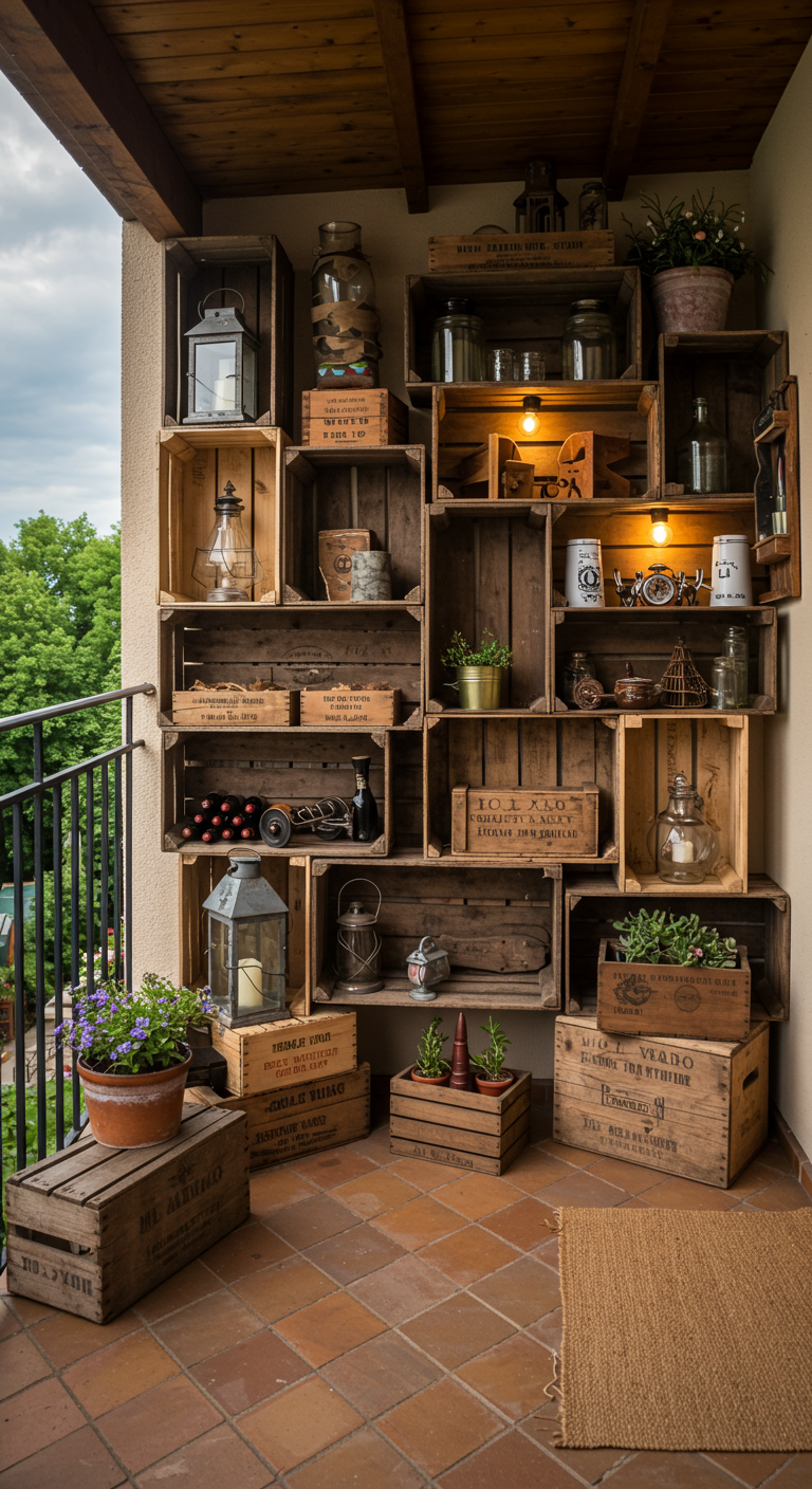 Große Wandinstallation aus vielen Weinkisten als Regal, gefüllt mit Deko und Pflanzen.