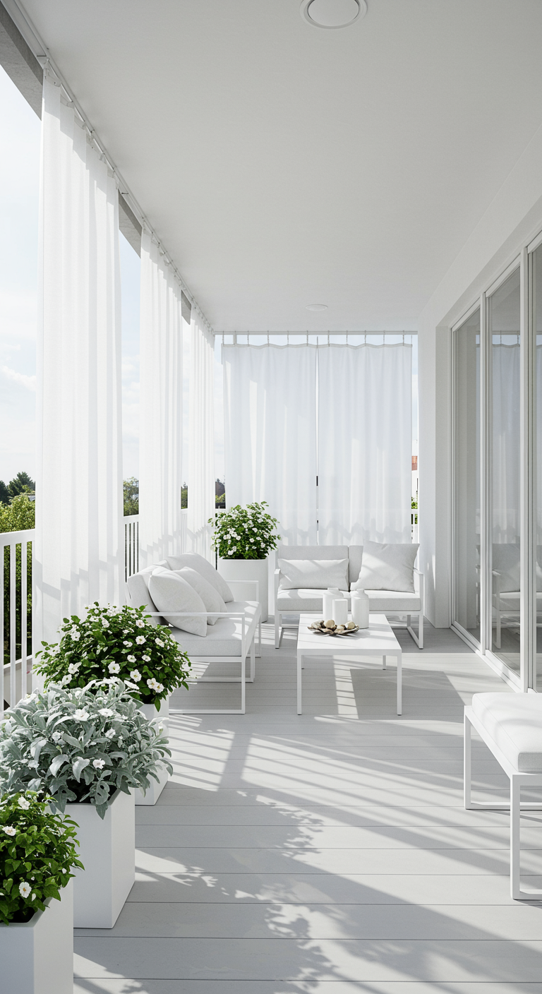 Ganz in Weiß gehaltener Balkon mit weißen Möbeln, weißen Vorhängen und weißen Blumen.