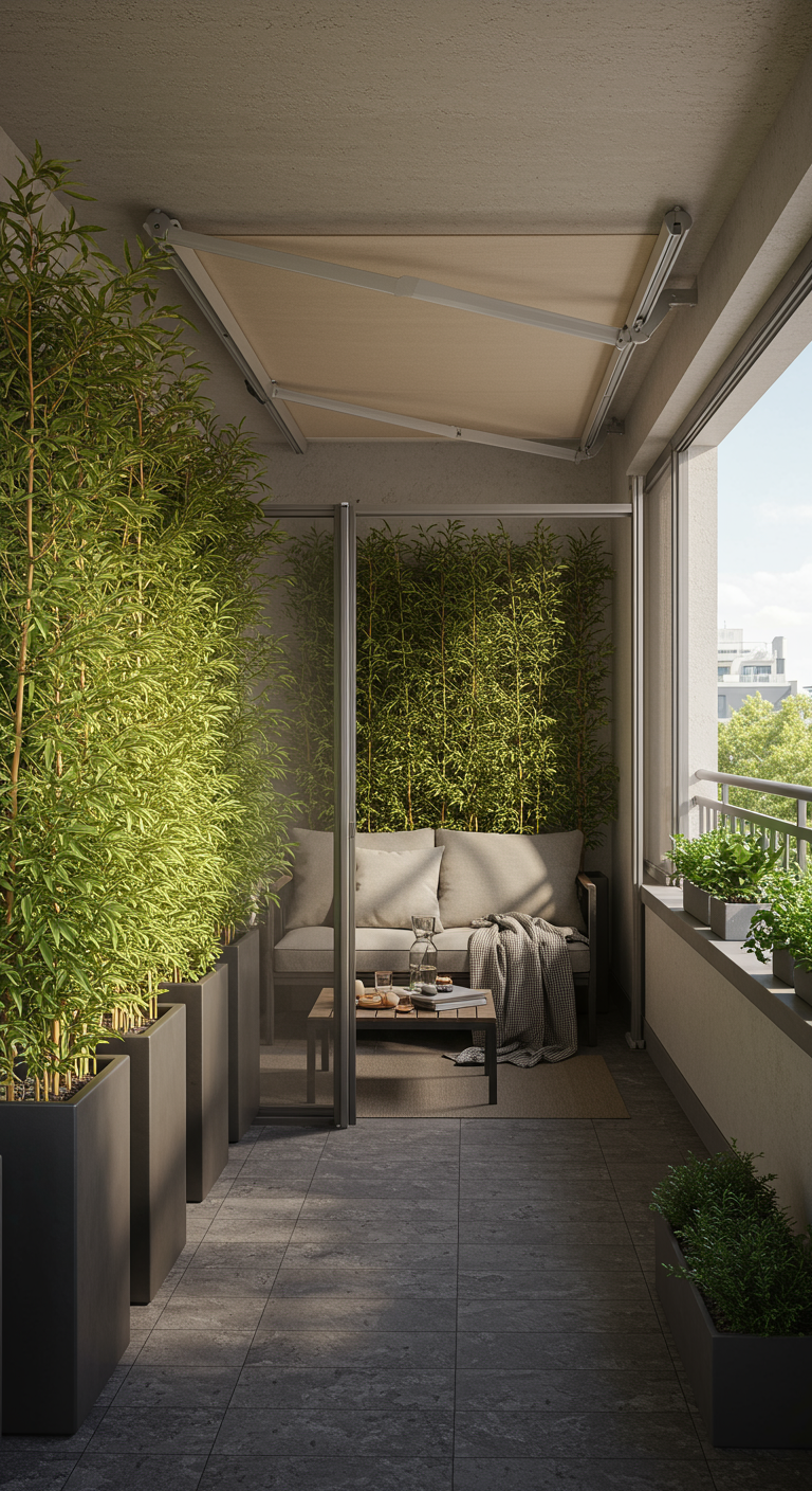 Moderner Balkon mit Bambuspflanzen als Sichtschutz, Lounge-Sofa und Markise.