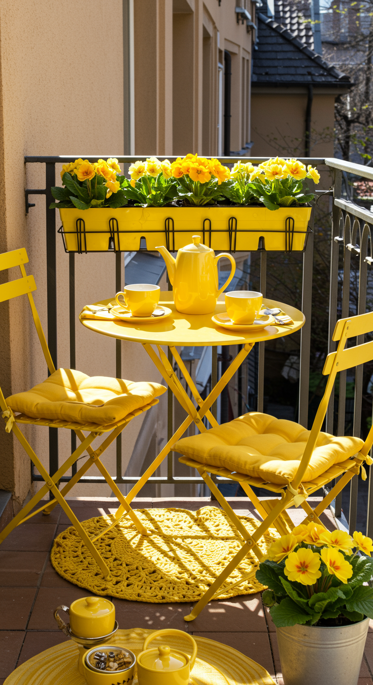 Kompaktes gelbes Bistro-Set mit gelbem Geschirr und Teppich.