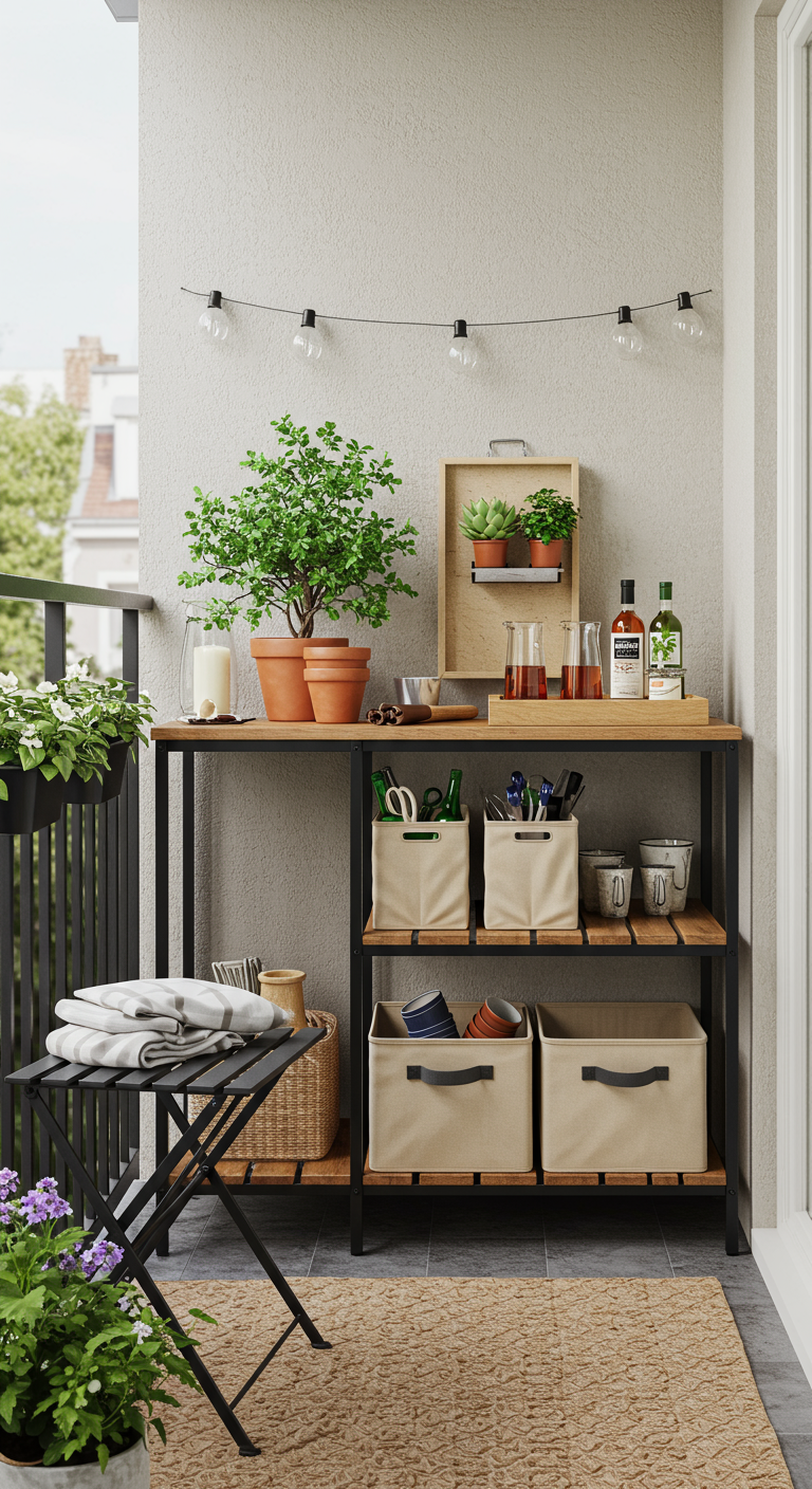 Outdoor-Konsolentisch mit Regalböden, darauf Pflanzen und Aufbewahrungsboxen auf einem Balkon.