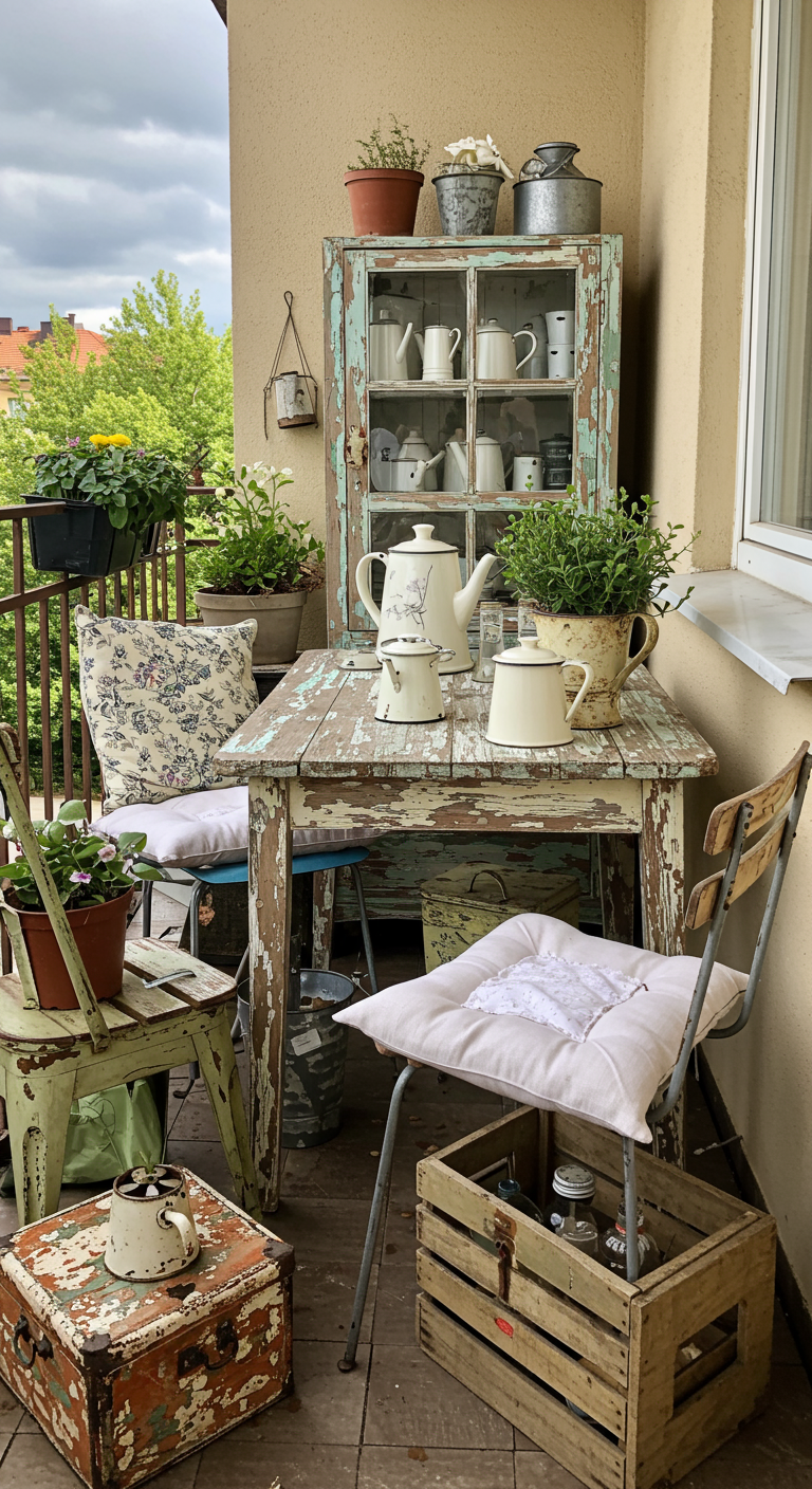 Shabby-Chic-Balkon mit altem Tisch, Emaille-Geschirr und verschiedenen Stühlen