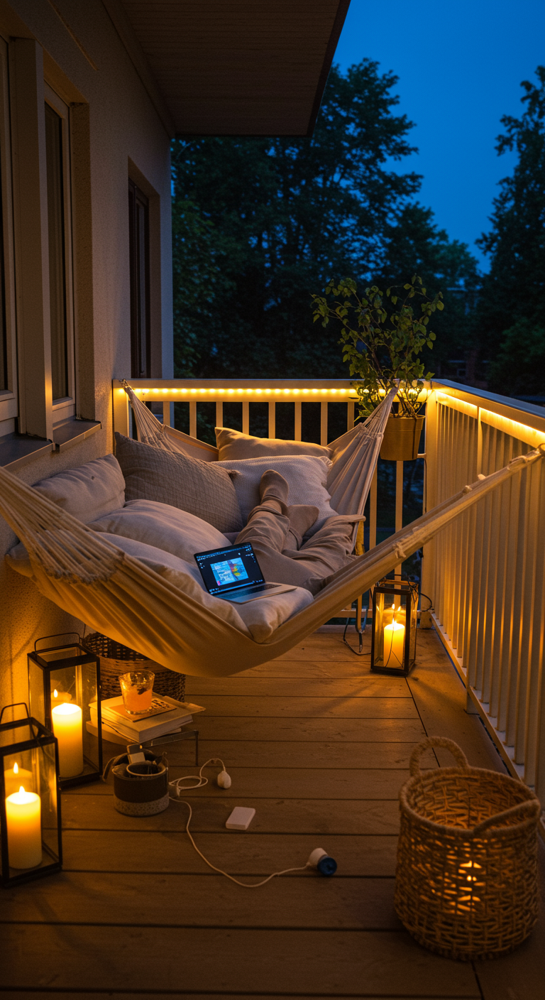 Balkon bei Nacht mit heller Hängematte, Laptop, Kissen und LED-Lichtleiste am Geländer.