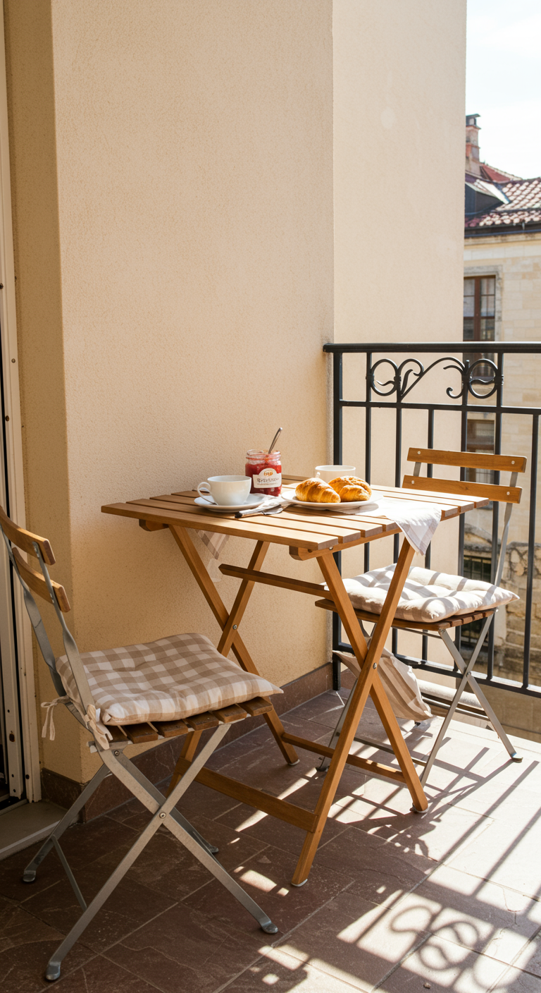Kleiner Holztisch mit zwei Klappstühlen, Kissen und Frühstück auf sonnigem Balkon.