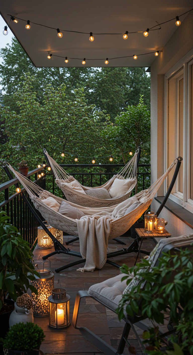Balkon mit zwei Hängematten, Lichterketten und Laternen bei Dämmerung.