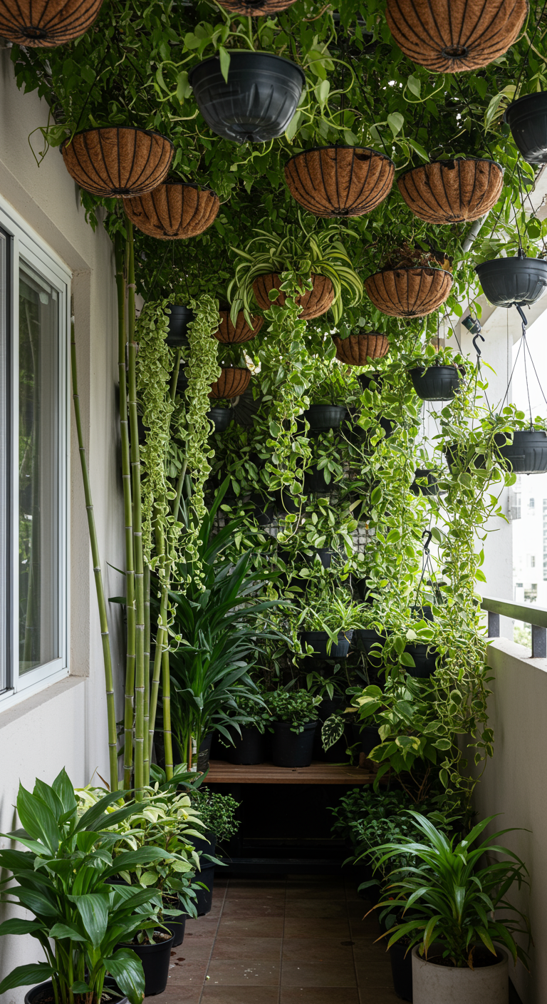 Üppig begrünter Balkon mit vielen Hängepflanzen von der Decke und einer vertikalen Pflanzenwand.