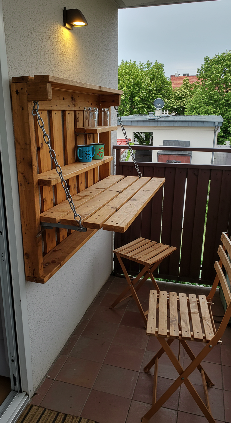 Wandmontierte Klapp-Bar aus Palettenholz mit Regalfächern und zwei Klappstühlen.
